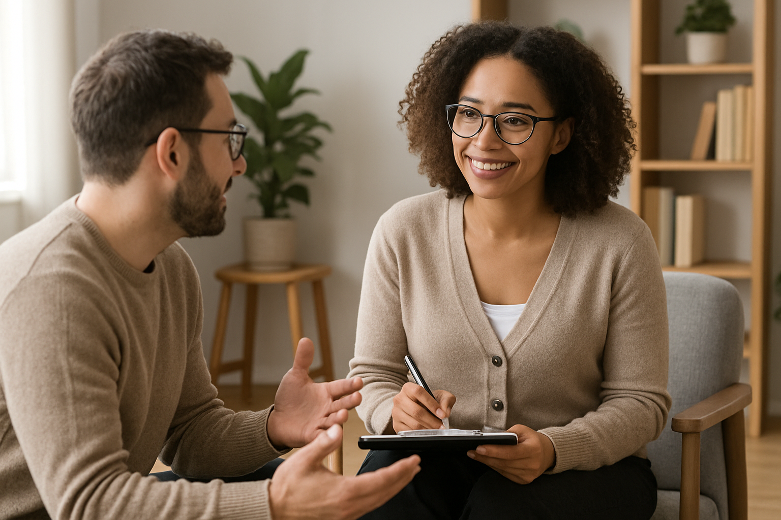 Therapy session showing supportive conversation between therapist and client